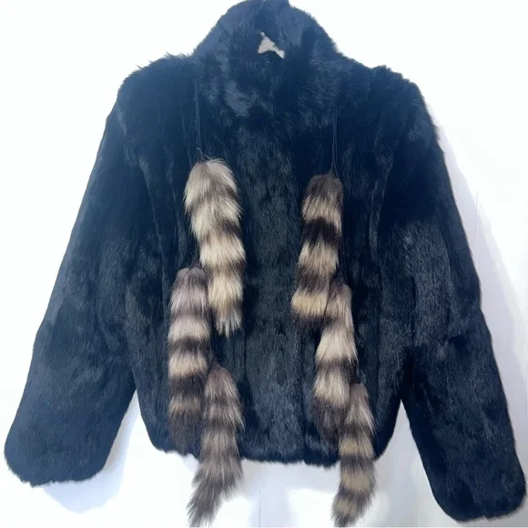 Rabbit Fur Zip Up Mob Wife Fur Coat With Tail Tassels Black M - Picture 7 of 15